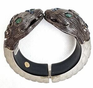 Alexis Bittar Double Snake Head Carved Lucite Hinged Cuff Bracelet Crystal